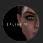 SplineVR 的深色背景品牌標誌,以女性側臉與白色字樣呈現創作者識別。