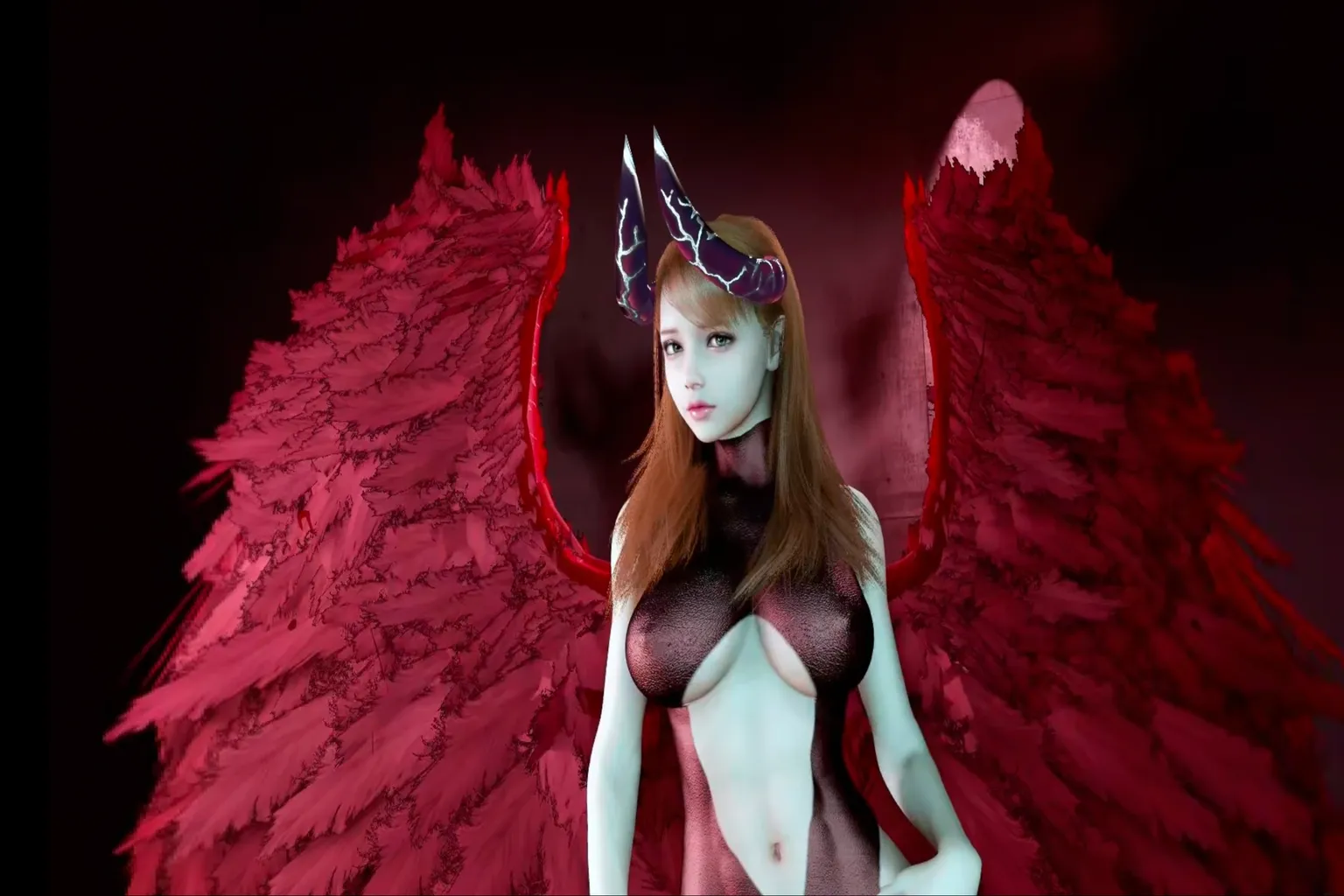 身穿紅黑緊身服的惡魔女孩展翅站立,雙角帶有紫色閃電紋理,背景為暗紅色地獄風格