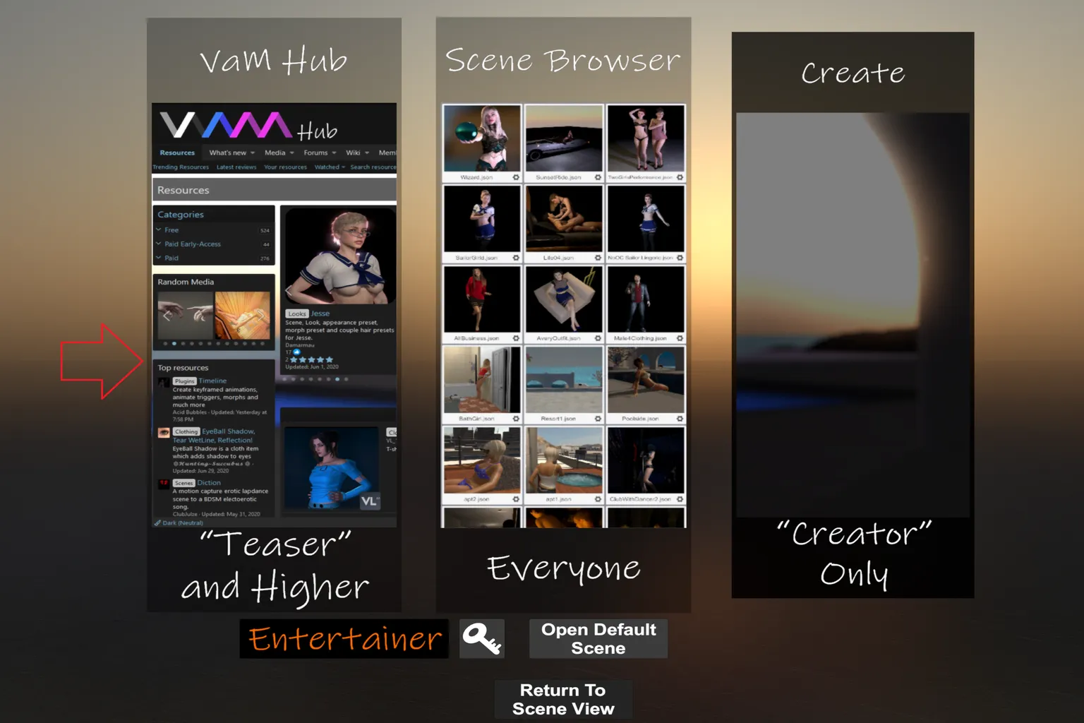 VaM 主畫面顯示 VAM Hub、Scene Browser、Create 選項,並標示進入 VAM Hub 的位置