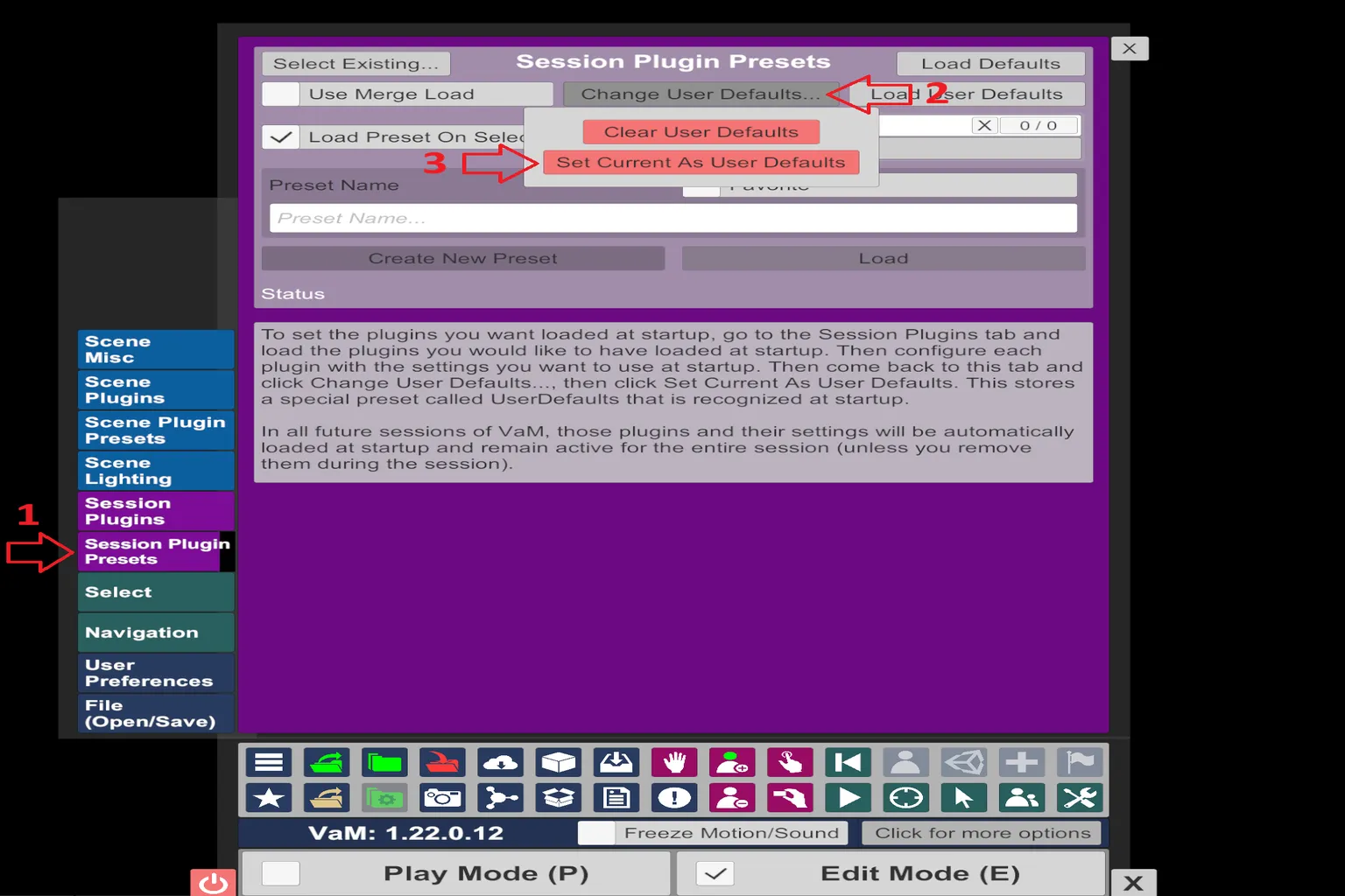 VaM Session Plugin Presets 畫面,將目前設定設為預設以便啟動時自動載入