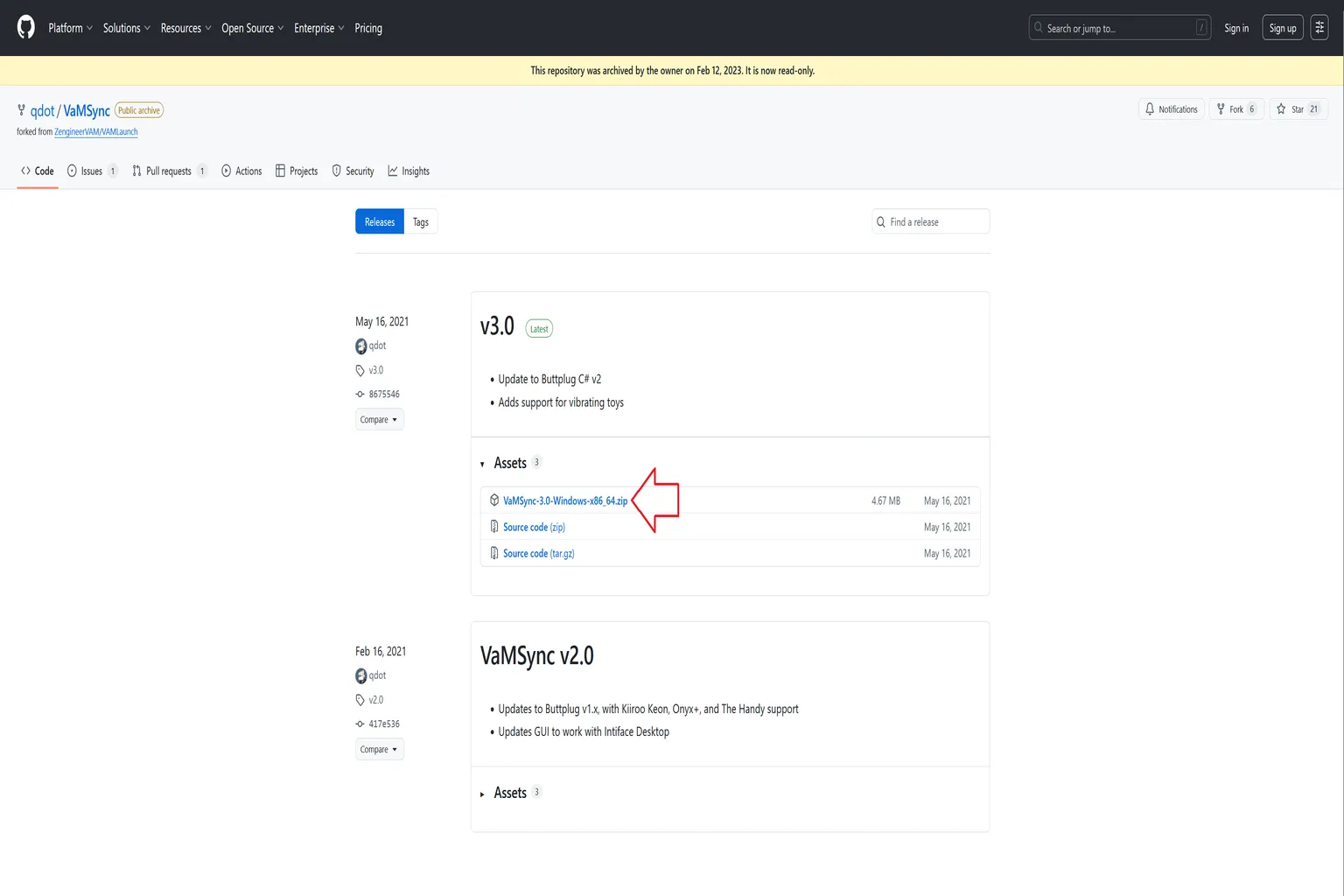 GitHub 發佈頁面顯示 VaMSync Windows 版本下載檔案