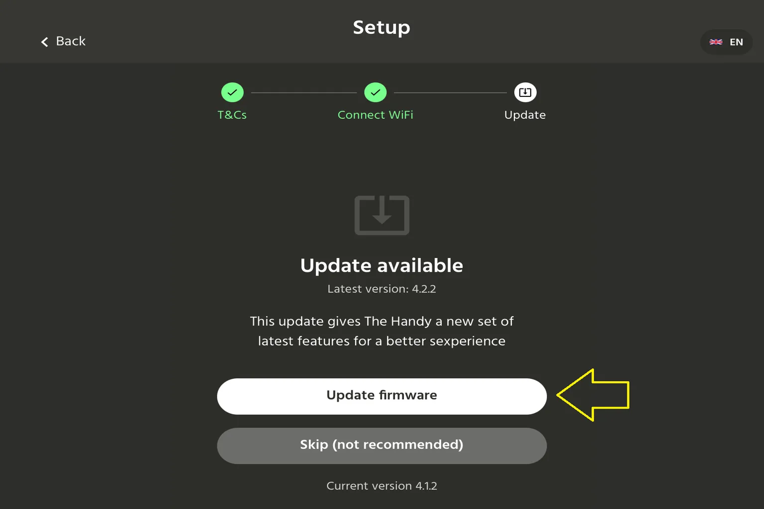 HandyOnboarding App 顯示韌體更新可用,可按下 Update firmware 進行更新。