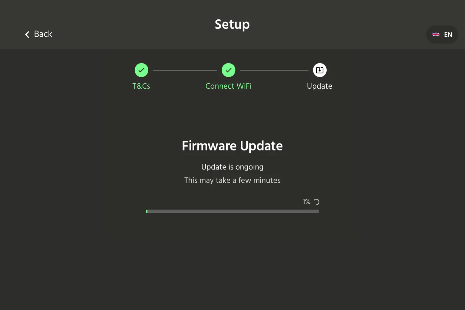 HandyOnboarding App 顯示 Handy 2 Pro 韌體更新進行中的畫面。