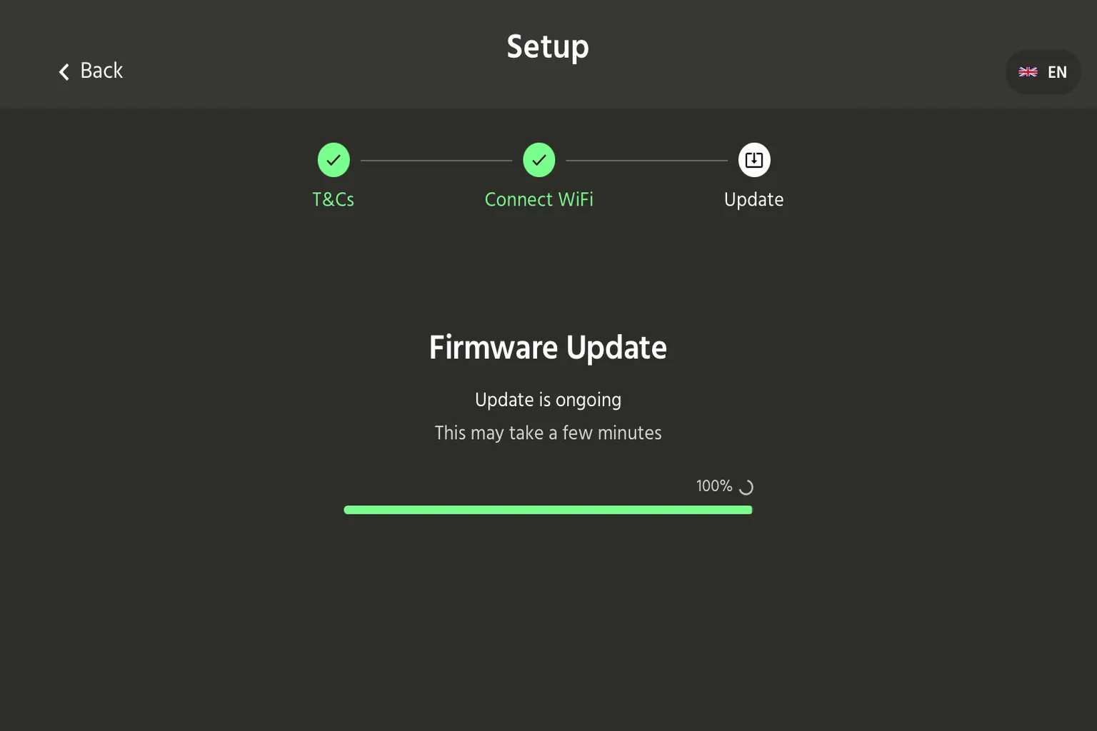 Handy 2 Pro 韌體更新完成後,App 顯示 100% 進度。