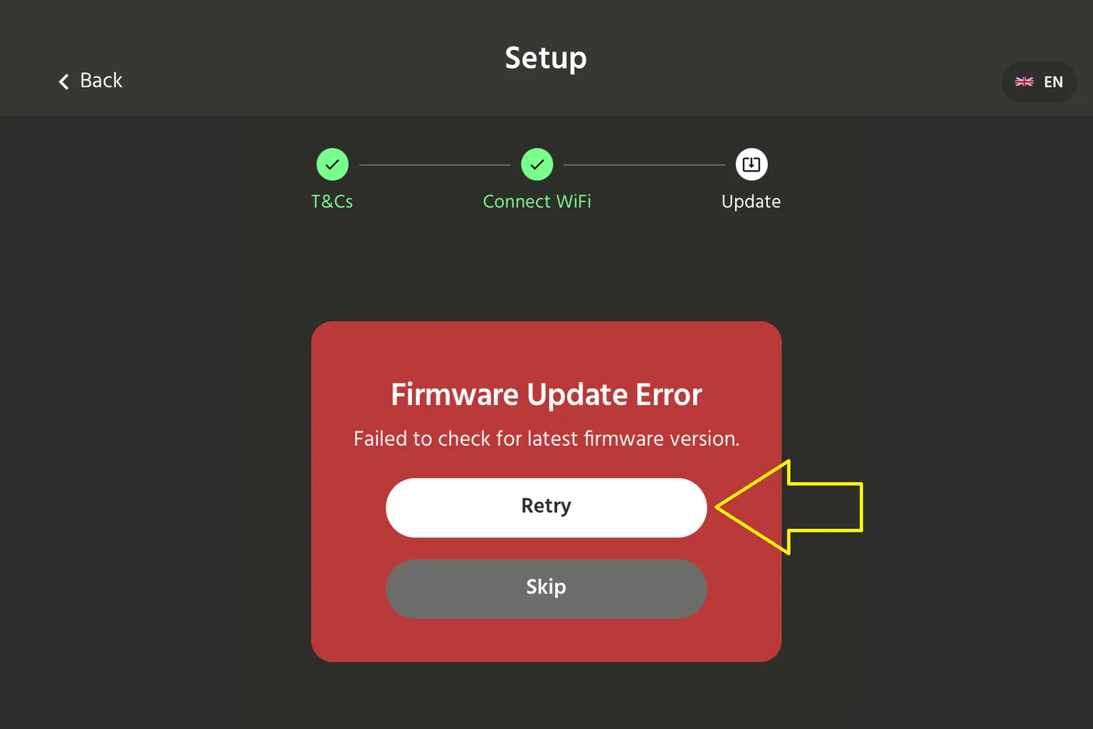 HandyOnboarding App 顯示 Firmware Update Error,可按 Retry 重新檢查韌體版本。