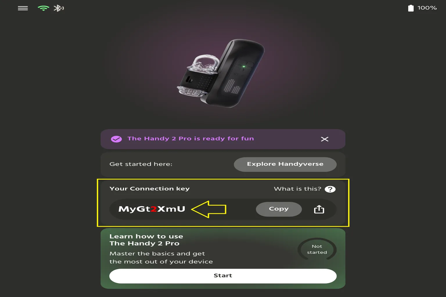 Handy 2 Pro 設定完成後,App 主畫面顯示 Connection key 連線金鑰。
