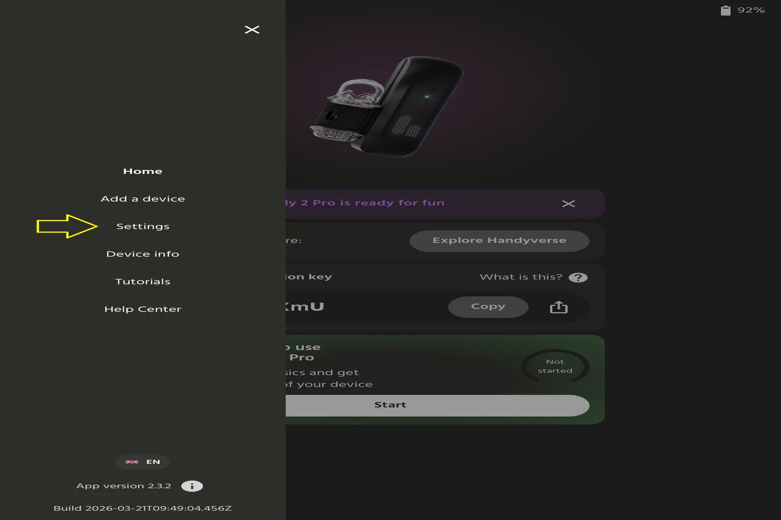 Handy App 側邊主選單畫面,可進入 Settings、Device info、Tutorials 與 Help Center。