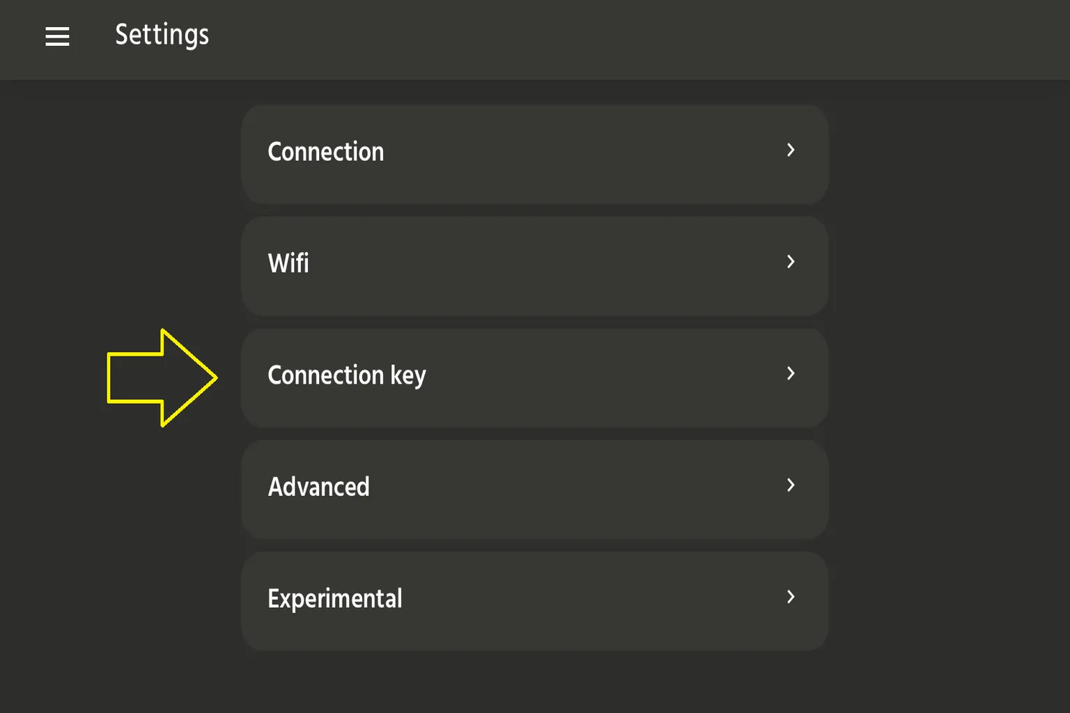 Handy App 設定頁面,可進入 Connection key 修改連線金鑰設定。