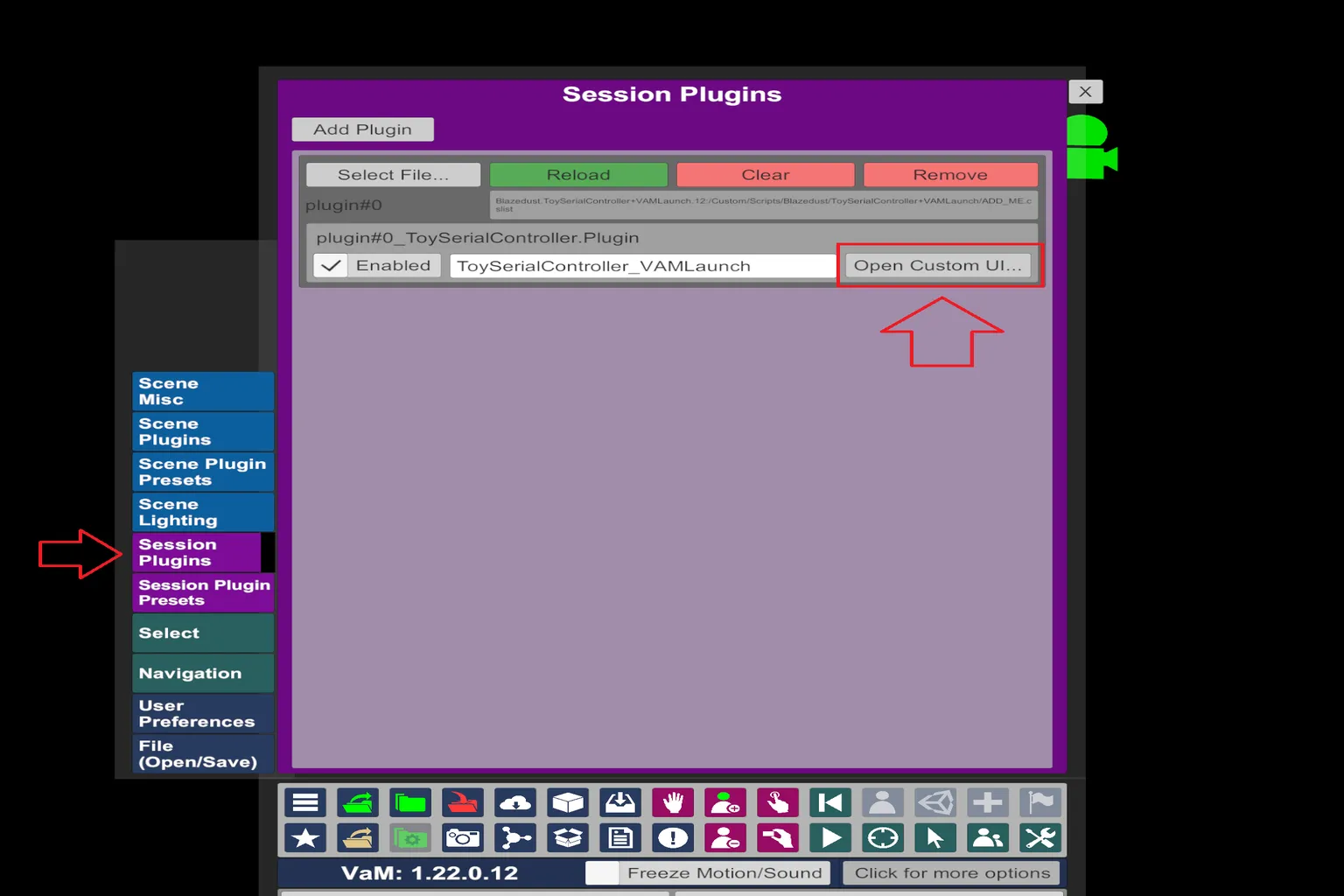 VaM Session Plugins 面板中開啟 ToySerialController VAMLaunch 的 Custom UI