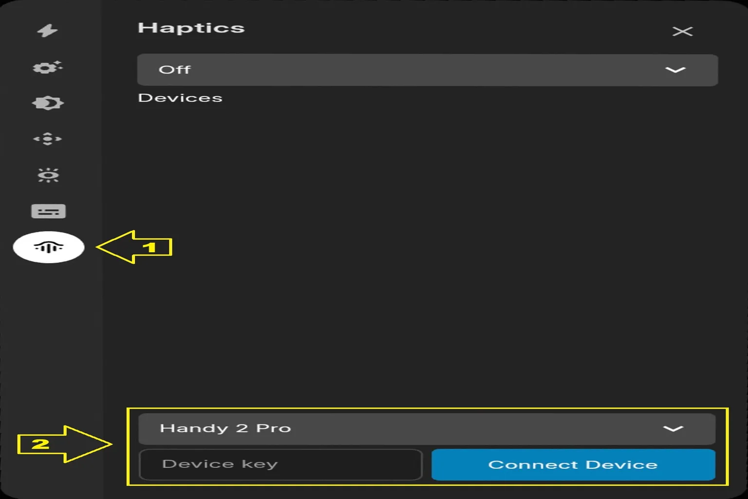 pairing.jpg DeoVR 的 Haptics 設定頁面,選擇 Handy 2 Pro 並輸入 Device key 進行配對。