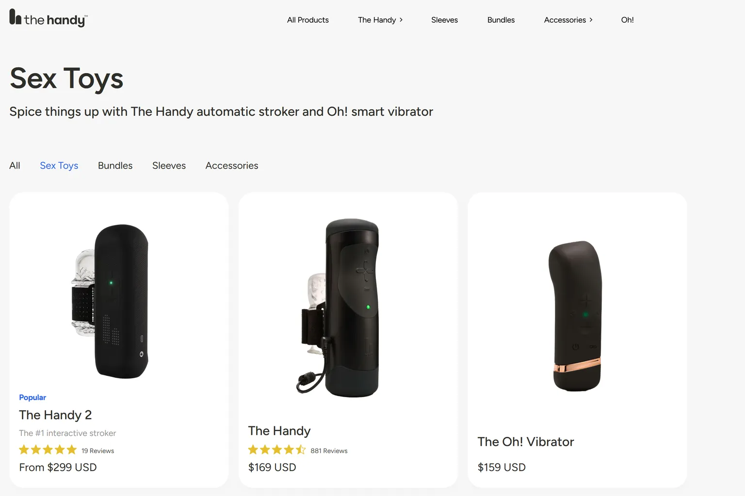 The Handy 電動飛機杯產品列表畫面，包含 The Handy 與 The Handy 2 等商品