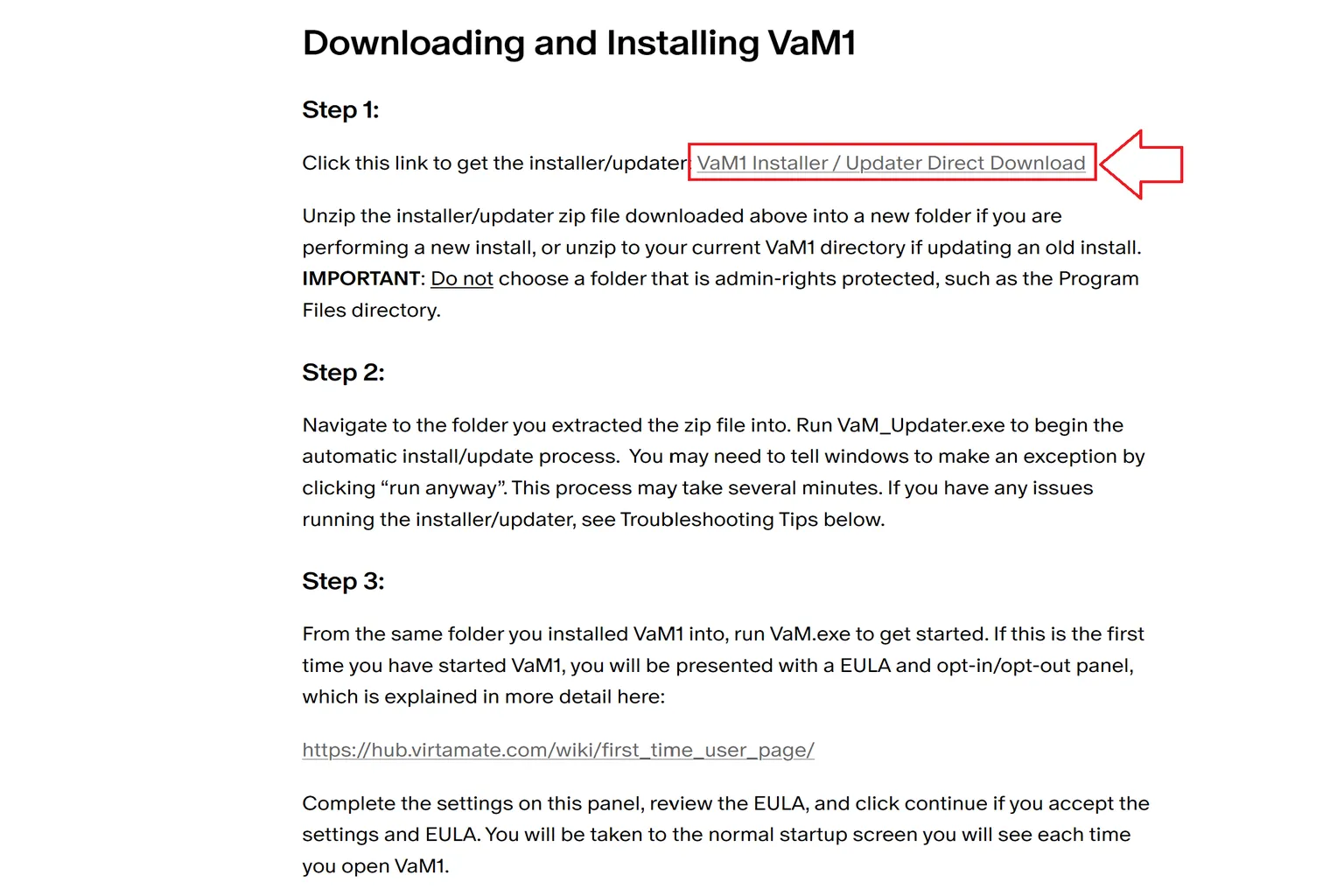 VaM1 安裝教學頁面,點選 VaM1 Installer / Updater Direct Download 連結,下載安裝與更新程式。
