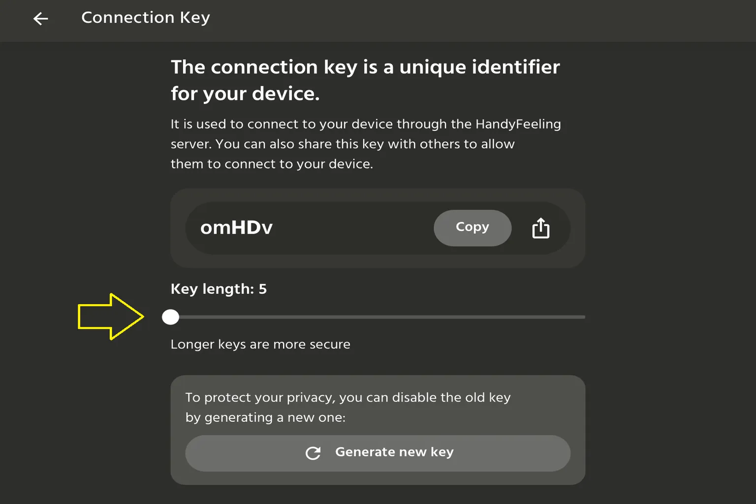 Handy App 的 Connection Key 設定頁面,可調整連線金鑰長度並產生新金鑰。