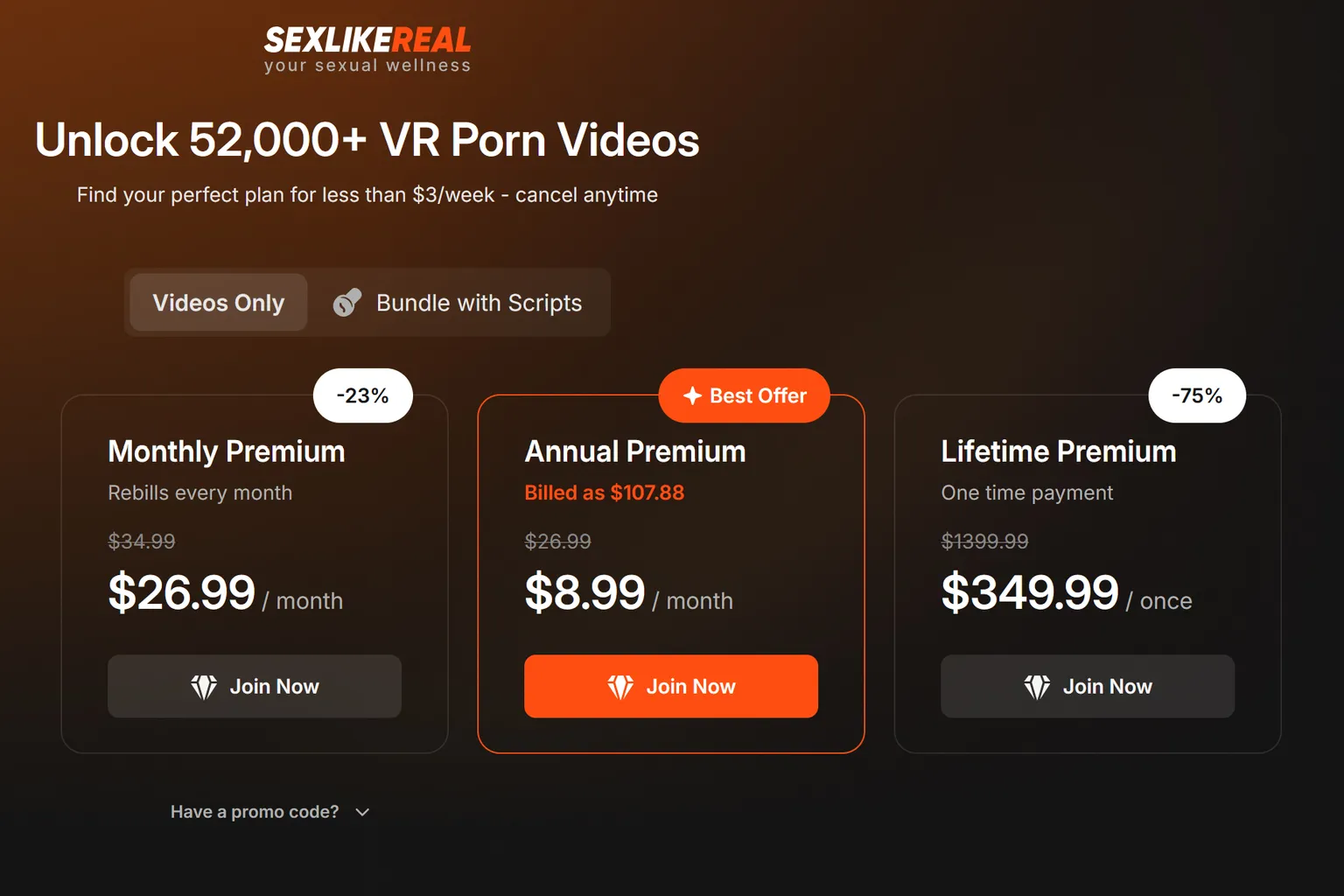 SexLikeReal Scripts Bundle 套組方案頁面,展示月訂、年訂與終身套組價格,年度套組以橘色框標示為最佳優惠。