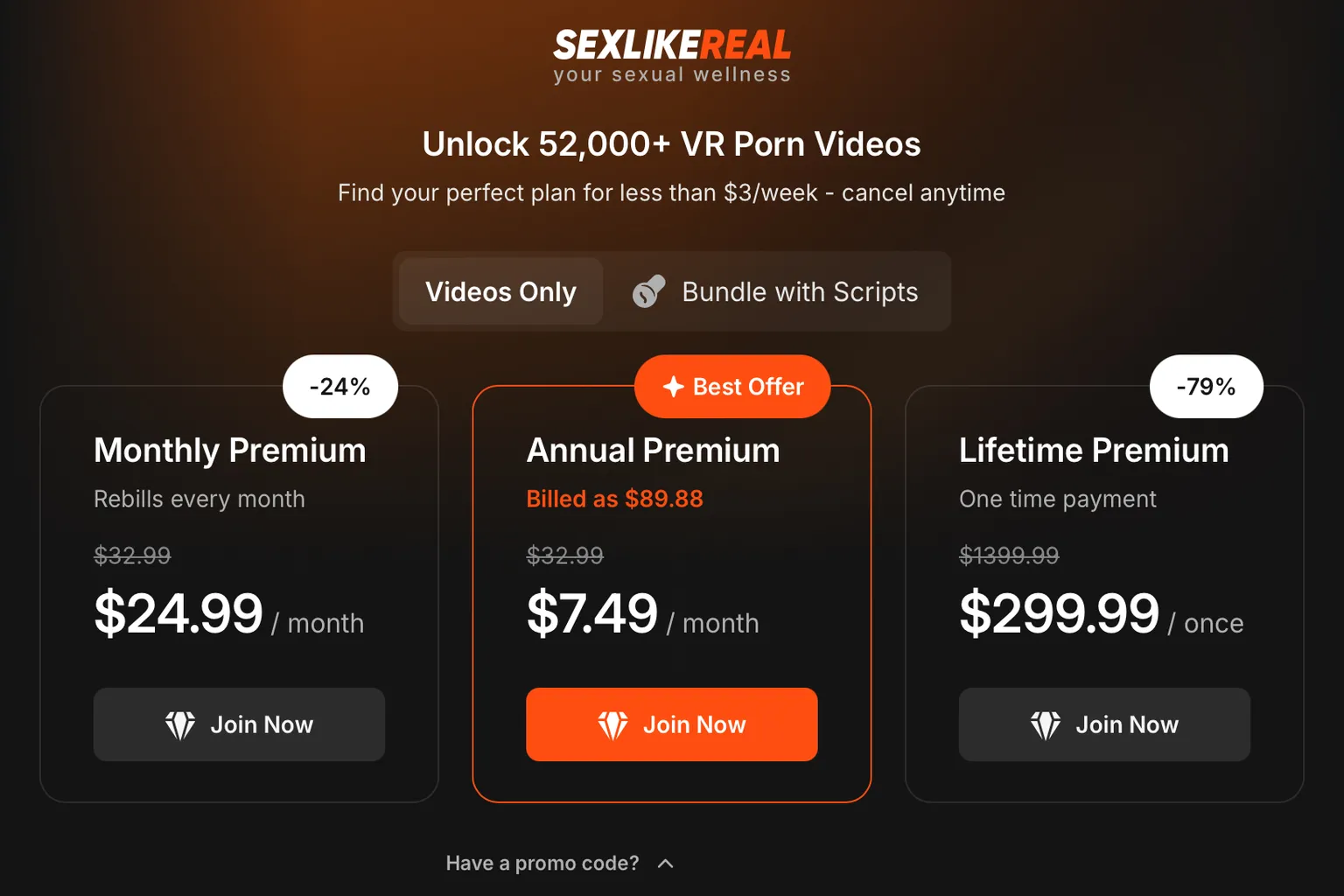 SexLikeReal Videos Only 方案套用折扣碼後的折扣價格頁面,月訂、年訂與終身方案均已降價,年度方案標記為最佳優惠。