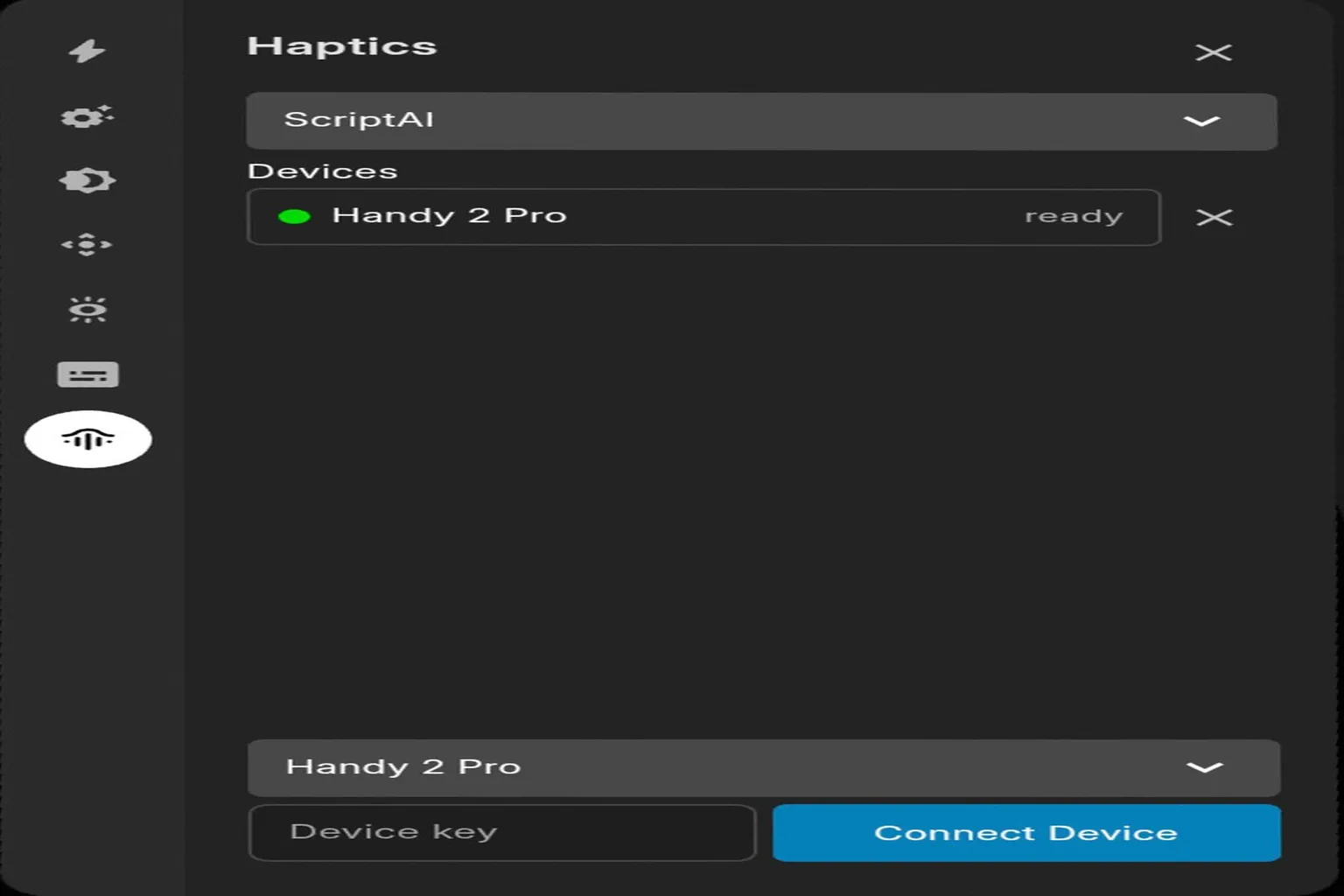 DeoVR 的 Haptics 設定頁面顯示 Handy 2 Pro 已連線完成,狀態為 ready。