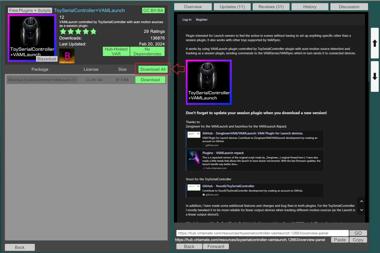 VaM Hub 插件頁面顯示 ToySerialController VAMLaunch,並標示 Download All 按鈕