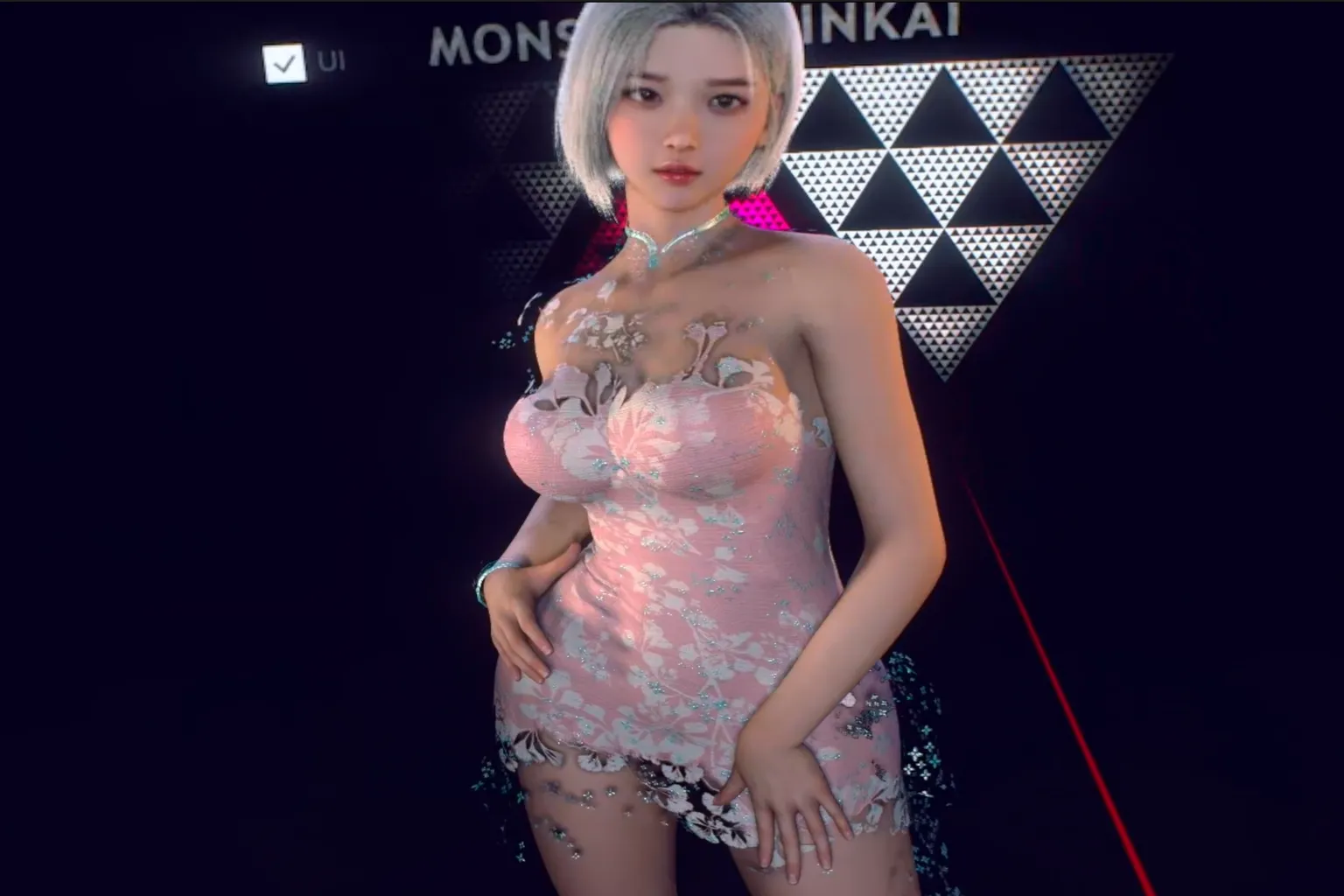 身穿粉紅花紋旗袍的韓系美人站立於舞台中央,背景為未開啟UI的展示介面