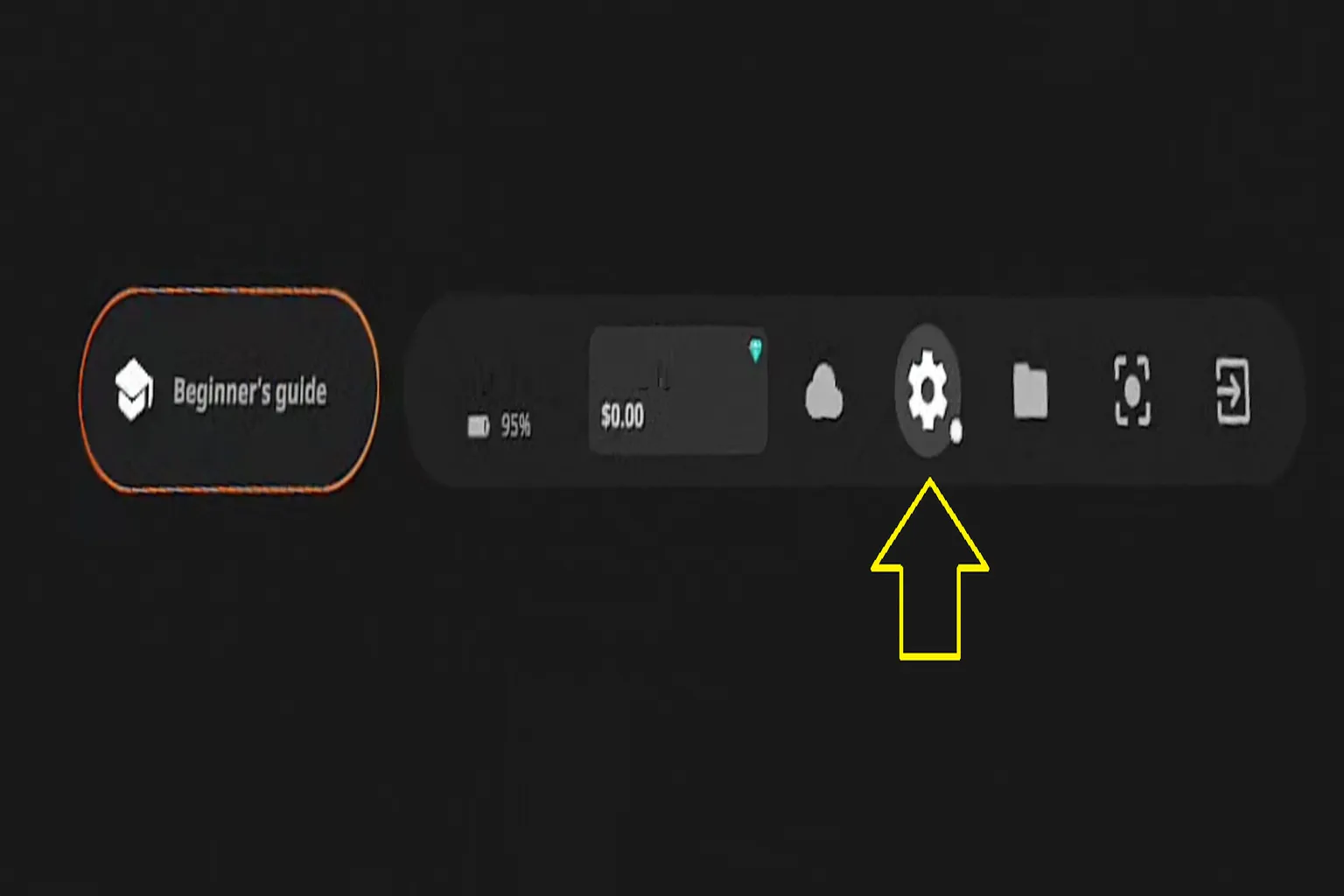 DeoVR 主選單畫面,箭頭指向齒輪圖示,提示進入設定頁面。