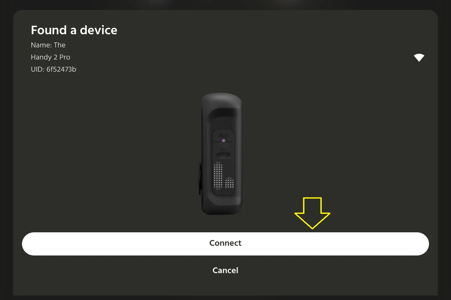 HandyOnboarding App 找到 Handy 2 Pro 裝置,並顯示 Connect 連線按鈕。
