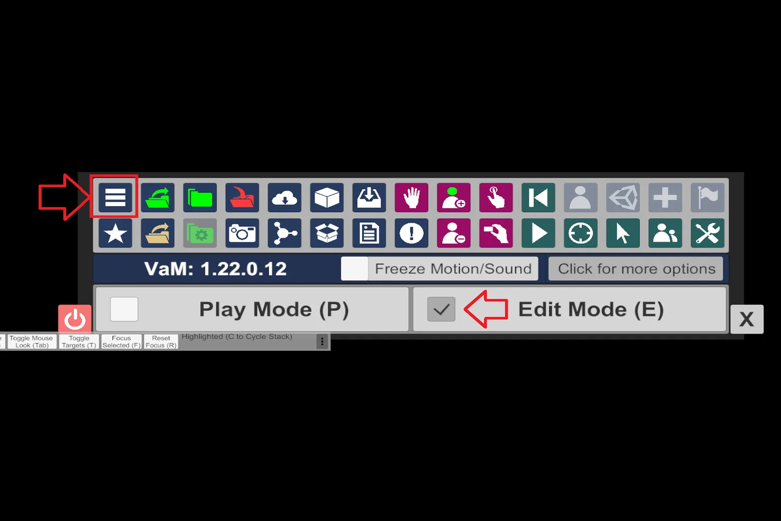 VaM 介面顯示已勾選 Edit Mode,從遊玩模式切換為編輯模式