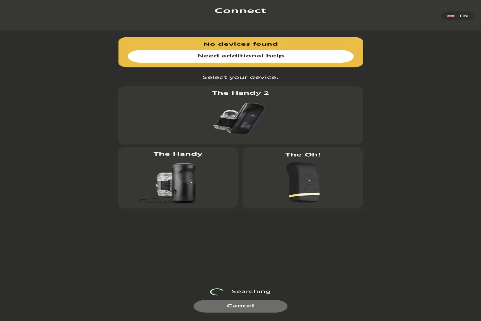 HandyOnboarding App 顯示 No devices found,表示目前沒有找到 Handy 裝置。