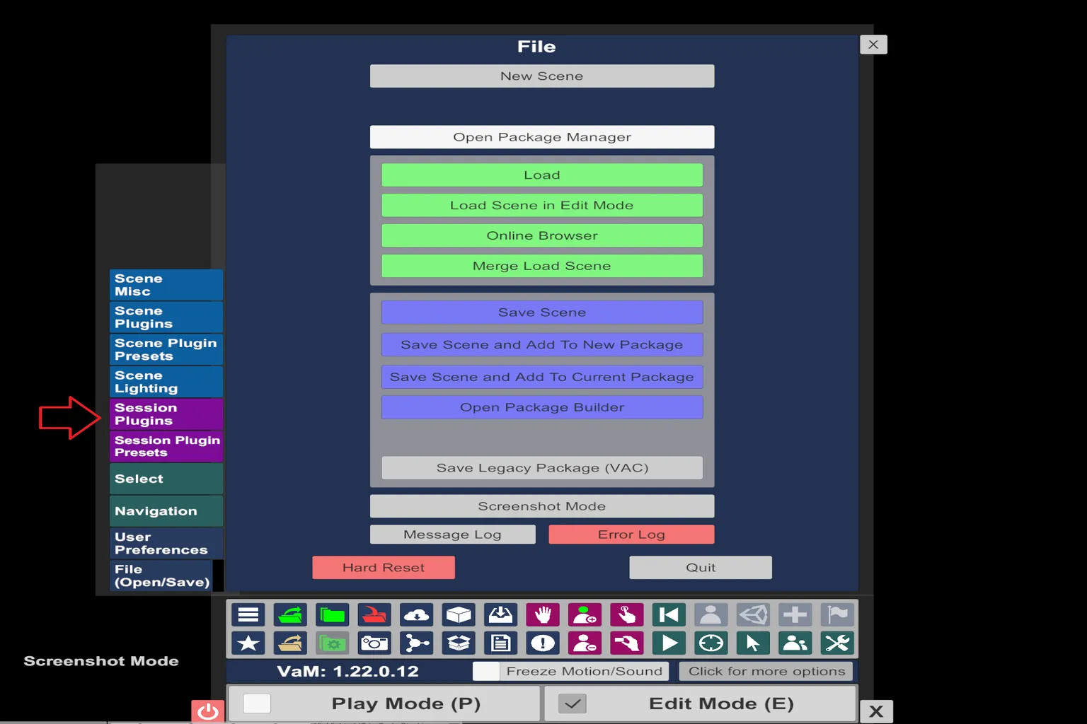 VaM 檔案選單中,側邊欄選擇 Session Plugins