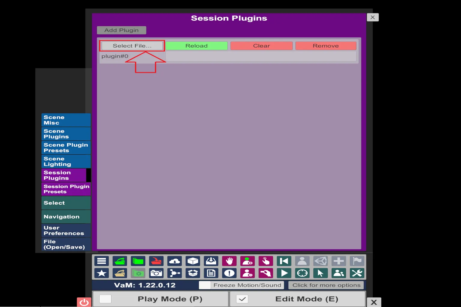VaM Session Plugins 面板顯示 Select File 按鈕,用於載入插件檔案