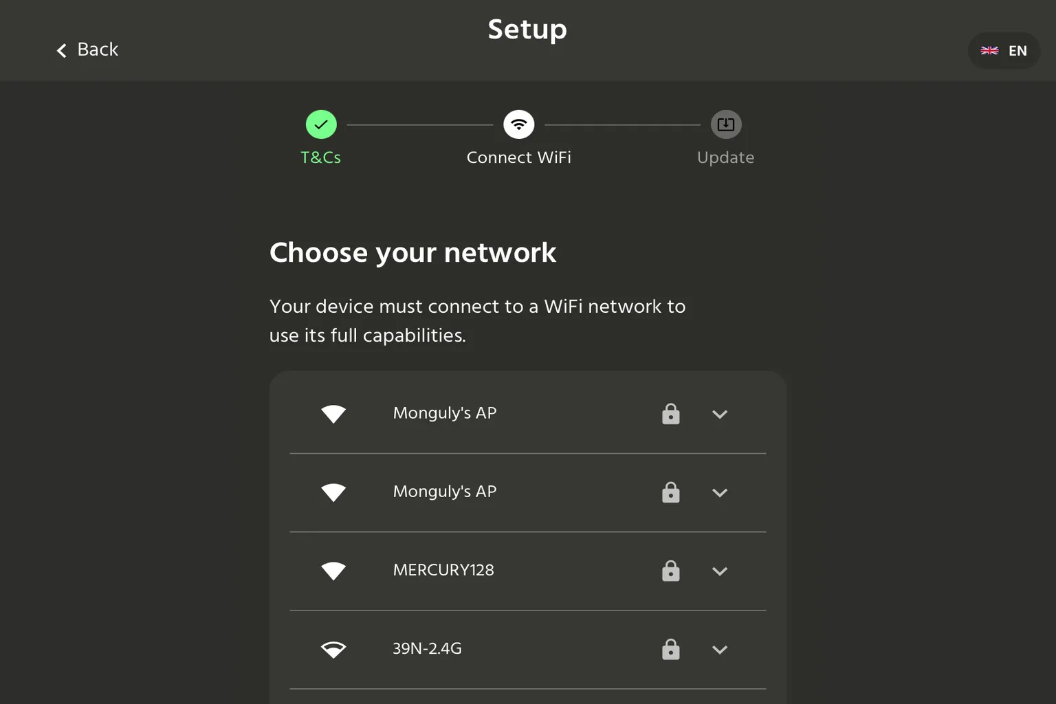HandyOnboarding App 的 WiFi 選擇畫面,可選擇無線網路進行連線。