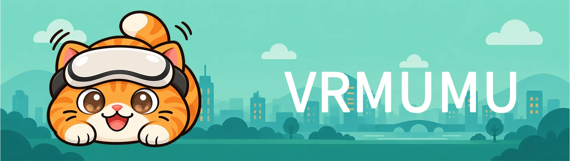 VRMUMU 橫幅,戴著 VR 頭盔的橘貓角色,背景為青綠色城市景觀