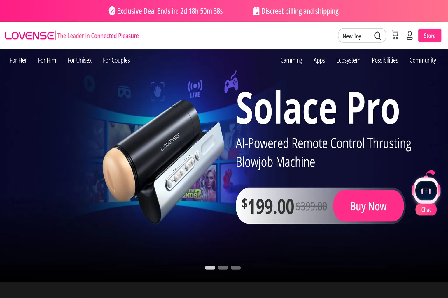 Lovense Solace Pro 官方購買頁面，顯示原價 399 美元、特價 199 美元及 Buy Now 購買按鈕