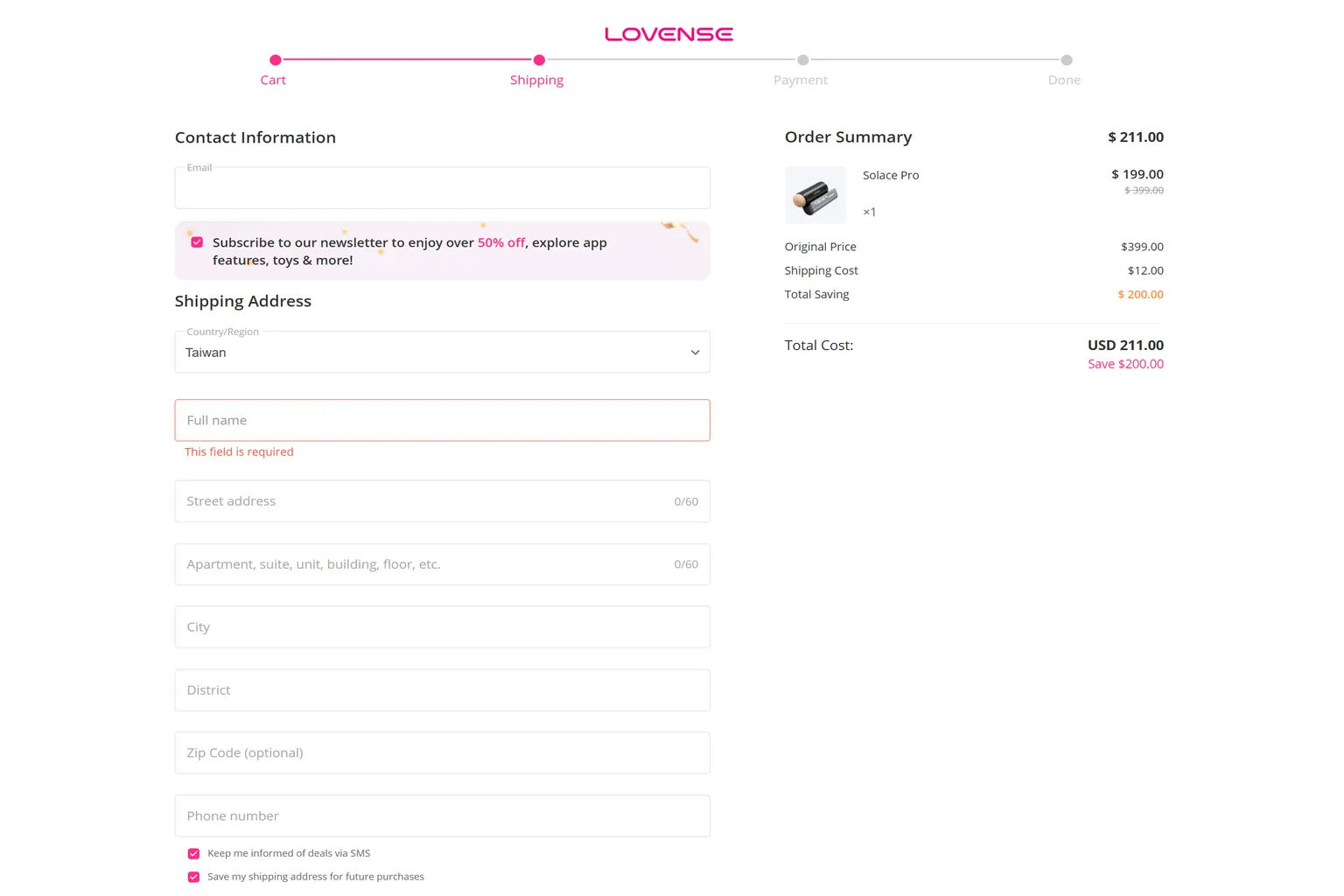 Lovense Solace Pro 官方結帳頁面，配送地區選擇台灣，顯示收件地址欄位及包含運費的訂單金額 211 美元